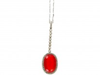 Fire Opal & Diamond Art Deco Pendant on Platinum Chain