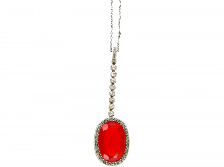 Fire Opal & Diamond Art Deco Pendant on Platinum Chain