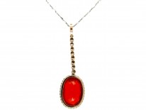 Fire Opal & Diamond Art Deco Pendant on Platinum Chain