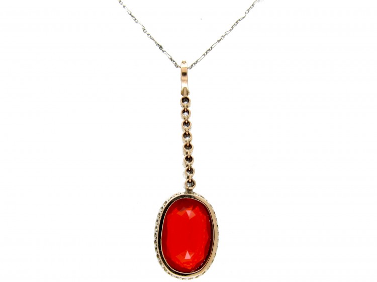 Fire Opal & Diamond Art Deco Pendant on Platinum Chain