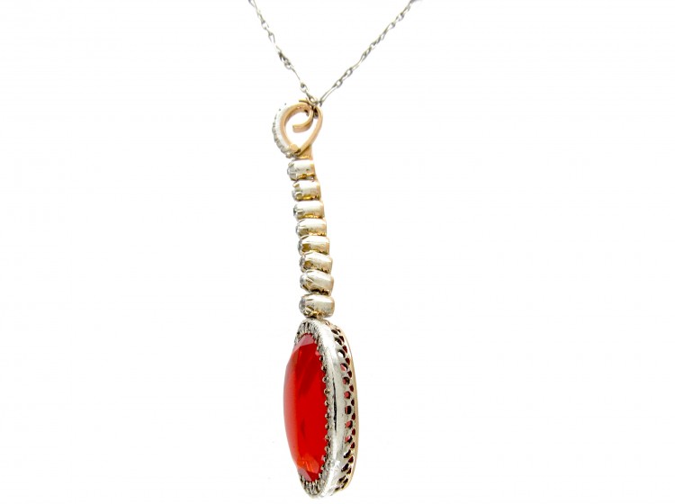 Fire Opal & Diamond Art Deco Pendant on Platinum Chain
