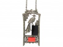 Art Deco Silver, Onyx , Coral & Marcasite Pendant on Chain