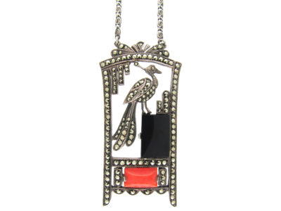 Art Deco Silver, Onyx , Coral & Marcasite Pendant on Chain