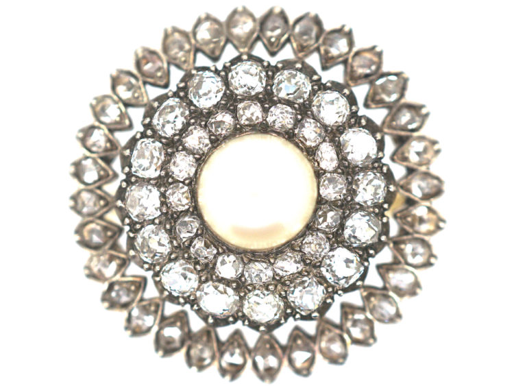 Edwardian Large 18ct Gold, Silver, Diamond & Natural Pearl Cluster Ring