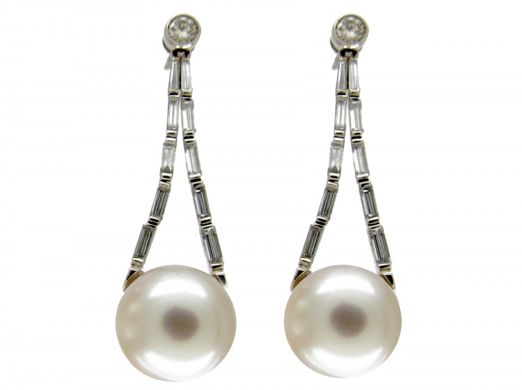 Large Cultured Pearl & Diamond Drop Earrings