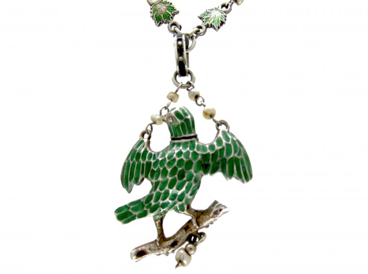 Austro-Hungarian Silver Enamel & Ruby Bird Necklace