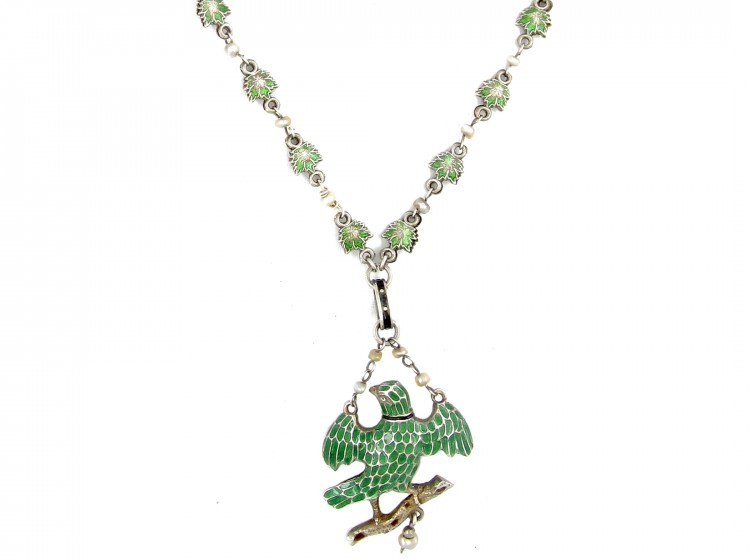 Austro-Hungarian Silver Enamel & Ruby Bird Necklace
