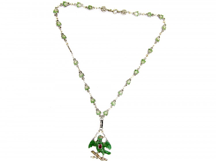 Austro-Hungarian Silver Enamel & Ruby Bird Necklace