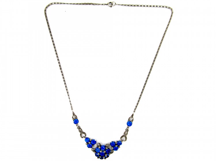 Marcasite & Blue Paste Silver Necklace