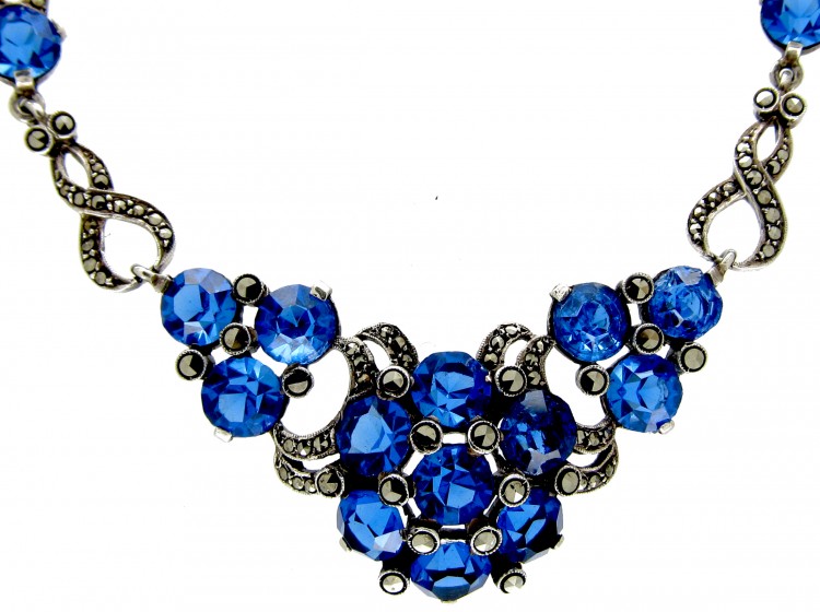 Marcasite & Blue Paste Silver Necklace