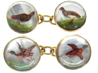 Reverse Intaglio Rock Crystal Game Bird 18ct Gold Victorian Cufflinks