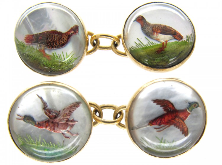 Reverse Intaglio Rock Crystal Game Bird 18ct Gold Victorian Cufflinks
