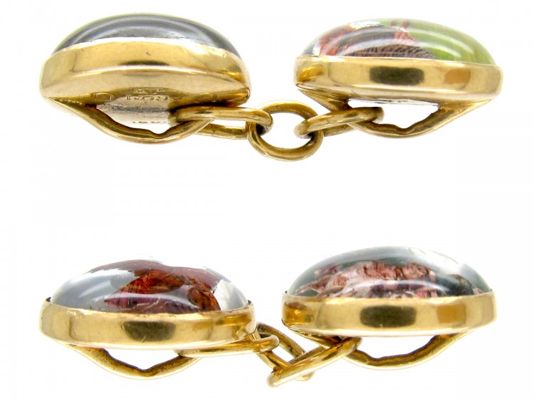 Reverse Intaglio Rock Crystal Game Bird 18ct Gold Victorian Cufflinks