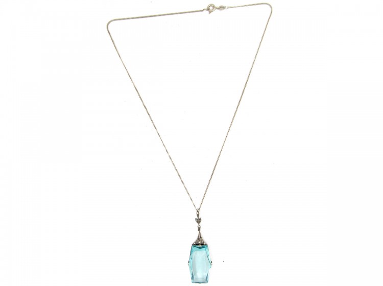 Art Deco Silver & Blue Paste Pendant on Silver Chain