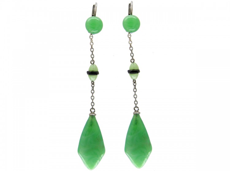 Art Deco Silver & Green Glass Earrings
