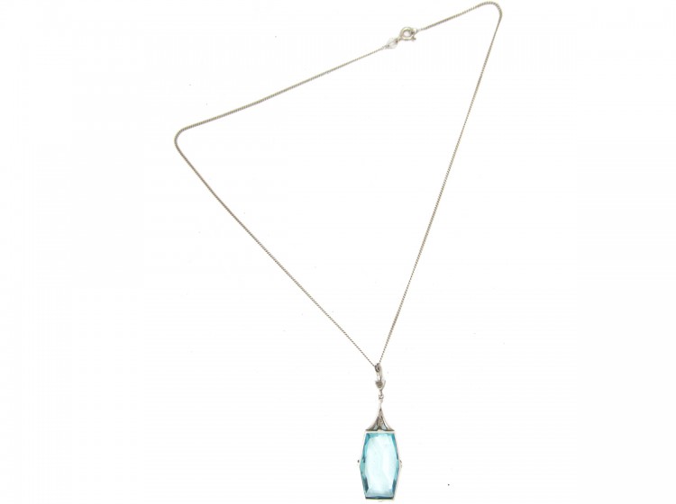 Art Deco Silver & Blue Paste Pendant on Silver Chain