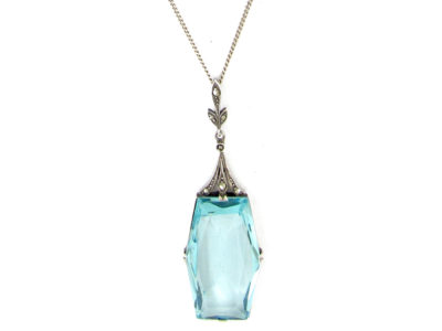 Art Deco Silver & Blue Paste Pendant on Silver Chain