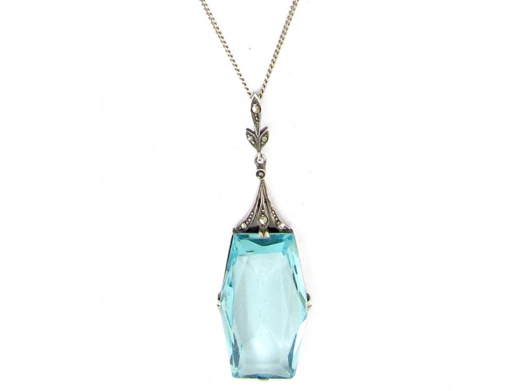 Art Deco Silver & Blue Paste Pendant on Silver Chain