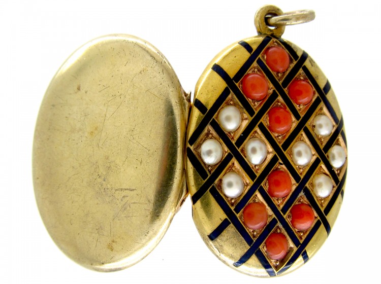 Coral, Natural Pearl & Enamel 18ct Gold Victorian Locket