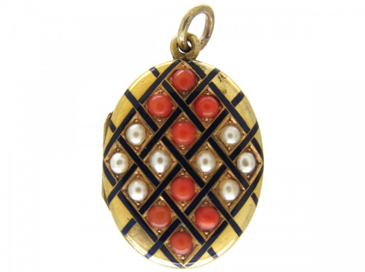 Coral, Natural Pearl & Enamel 18ct Gold Victorian Locket