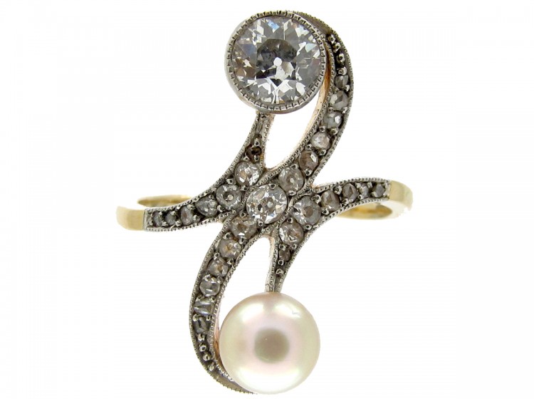 Art Nouveau Diamond & Natural Pearl Ring