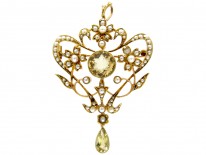 Art Nouveau 15ct Gold, Citrine & Natural Split Pearls Floral Pendant