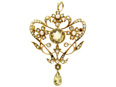 Art Nouveau 15ct Gold, Citrine & Natural Split Pearls Floral Pendant Art Nouveau 15ct Gold, Citrine & Natural Split Pearls Floral Pendant