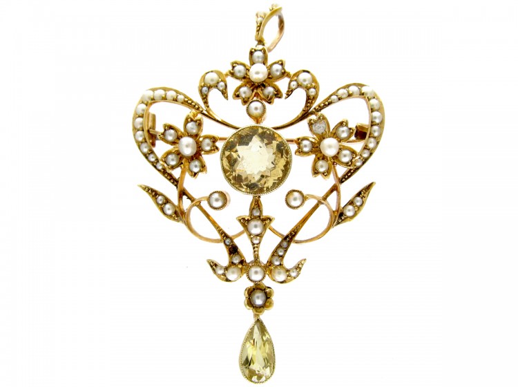 Art Nouveau 15ct Gold, Citrine & Natural Split Pearls Floral Pendant