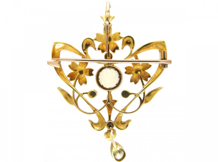 Art Nouveau 15ct Gold, Citrine & Natural Split Pearls Floral Pendant