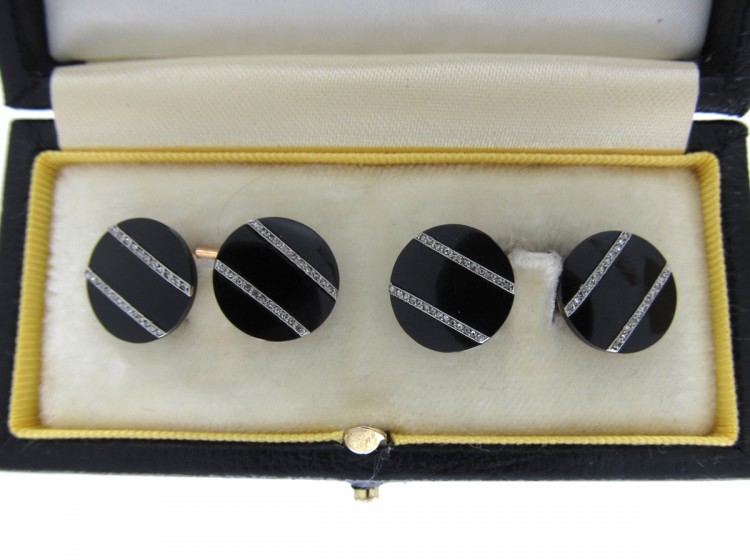 Art Deco Platinum & 18ct Gold, Onyx & Rose Diamond Cufflinks