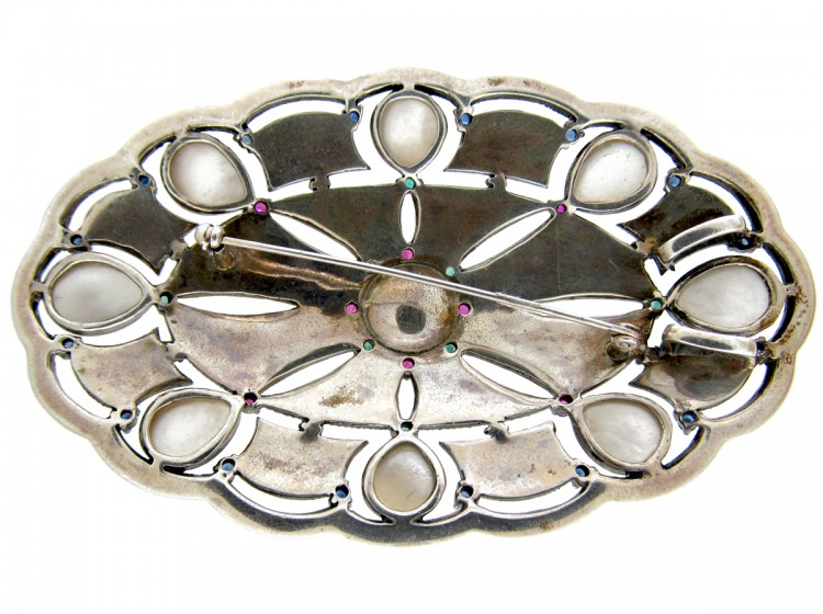 Large Silver Marcasite, Emerald & Ruby Art Deco Brooch Pendant