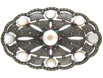 Large Silver Marcasite, Emerald & Ruby Art Deco Brooch Pendant