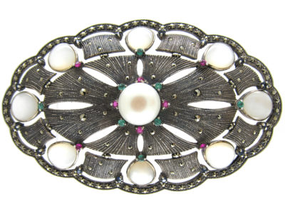Large Silver Marcasite, Emerald & Ruby Art Deco Brooch Pendant
