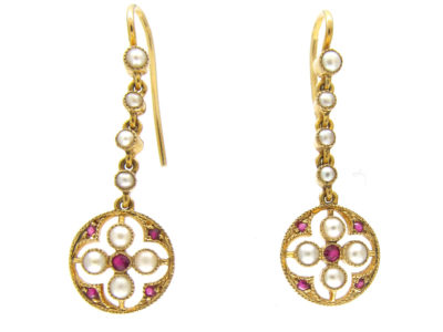 15ct Gold Ruby & Pearl Edwardian Earrings