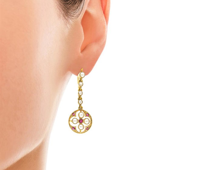 15ct Gold Ruby & Pearl Edwardian Earrings