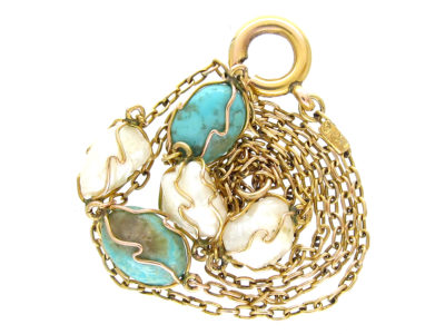 9ct Gold Caged Turquoise & Blister Pearl Chain