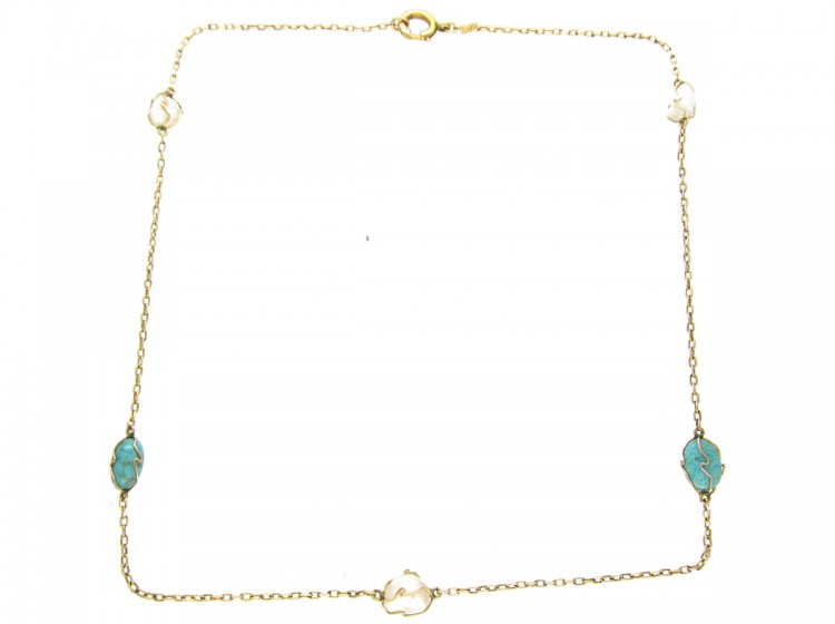 9ct Gold Caged Turquoise & Blister Pearl Chain