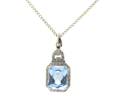 Blue Paste & Silver Art Deco Pendant on Chain