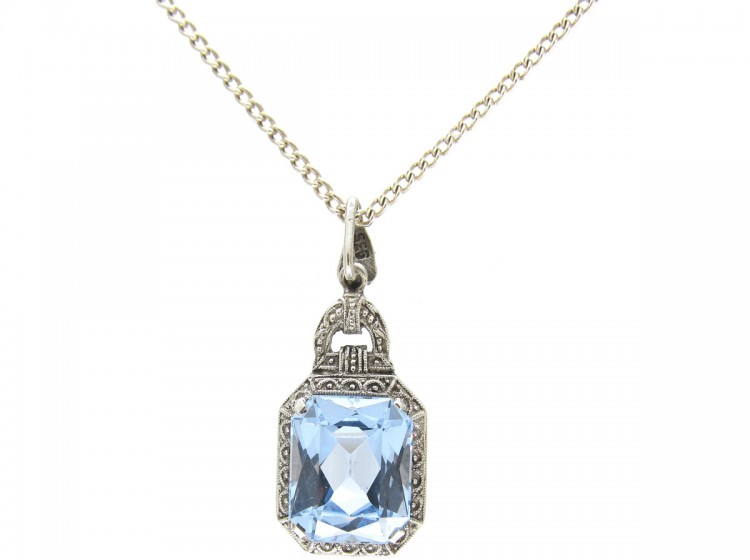 Blue Paste & Silver Art Deco Pendant on Chain