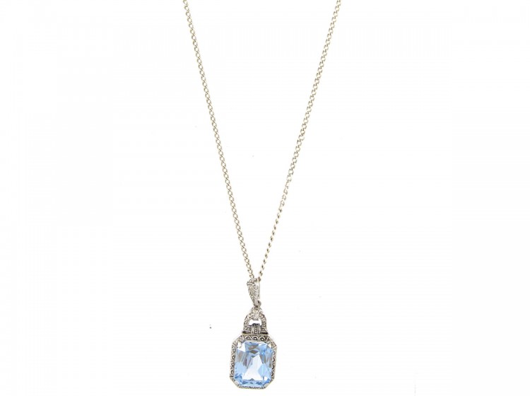 Blue Paste & Silver Art Deco Pendant on Chain