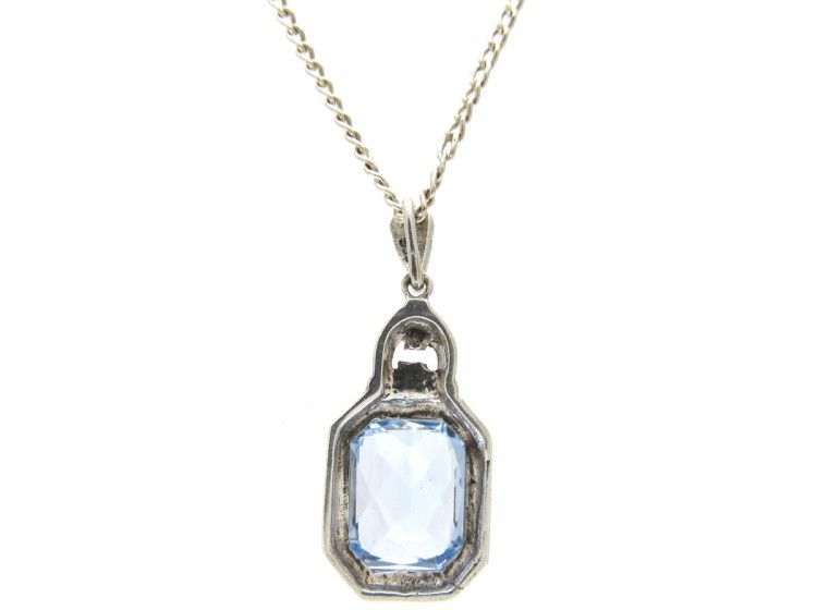 Blue Paste & Silver Art Deco Pendant on Chain