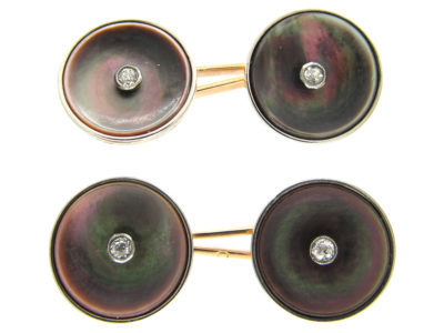 Swiss Art Deco 18ct Gold, Black Mother of Pearl & Diamond Cufflinks