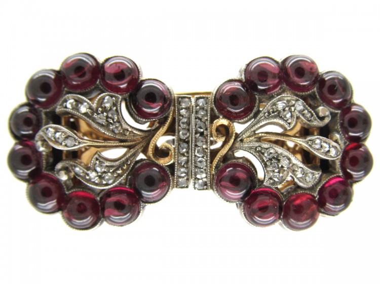 Cabochon Garnet & Diamond Art Deco Double Clip Brooch