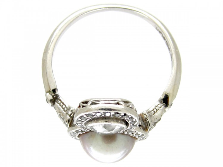 Natural Grey Pearl & Diamond Art Deco Ring