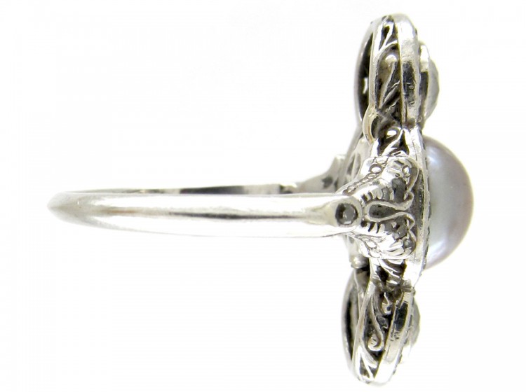 Natural Grey Pearl & Diamond Art Deco Ring