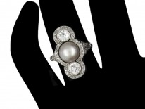 Natural Grey Pearl & Diamond Art Deco Ring