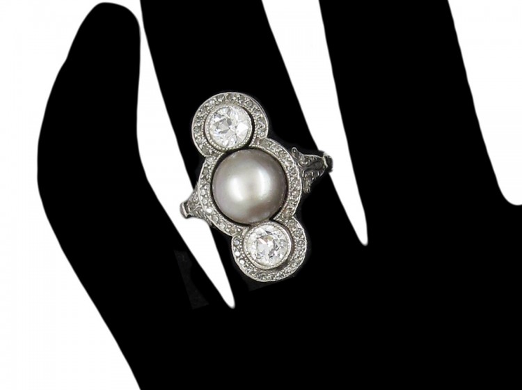 Natural Grey Pearl & Diamond Art Deco Ring