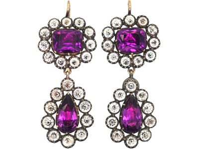 Georgian Amethyst Paste & White Paste Silver ​& Gold Drop Earrings