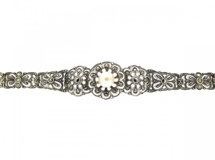 Silver, Marcasite & Pearl Bracelet