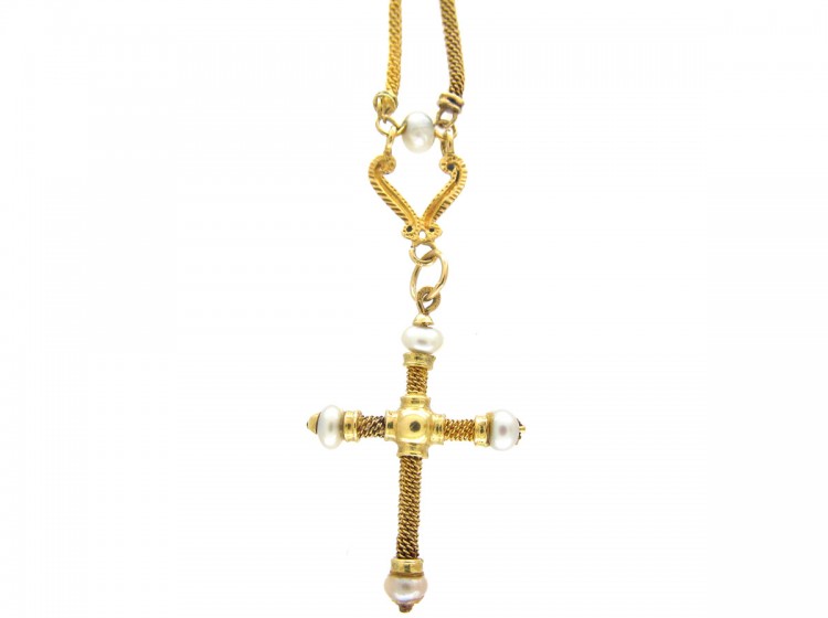 18ct Gold Cross on 18ct Gold & Pearl Chain